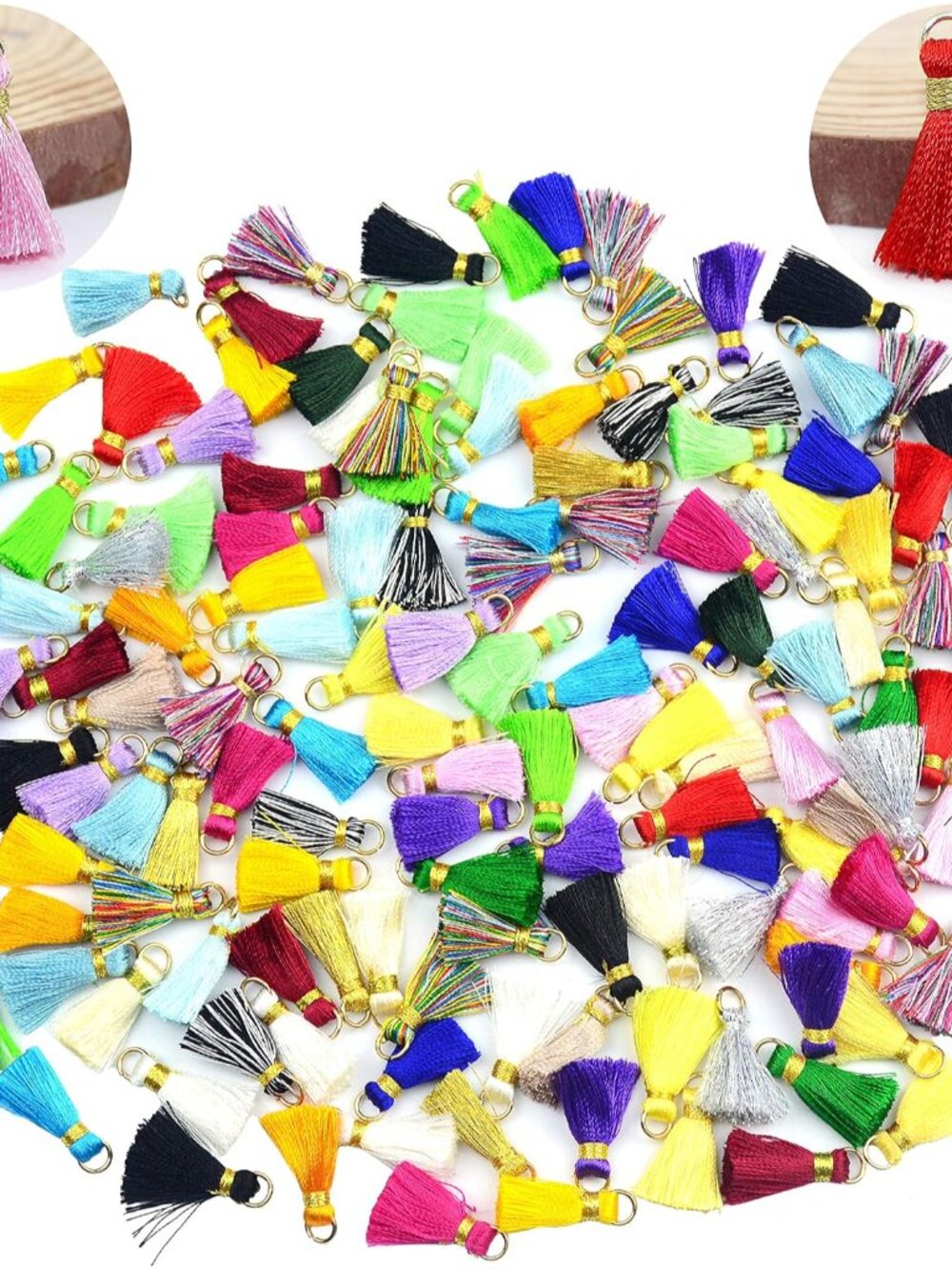 100 pcs Tassel Multi-Colors Mini Tiny Handmade Craft Tassels Charms with Golden